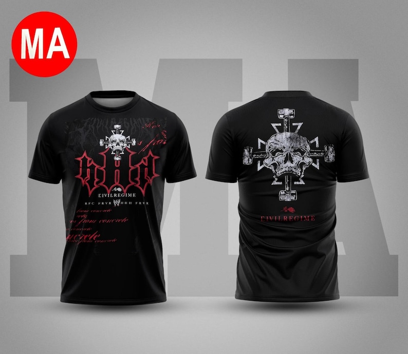 May include: Black t-shirt featuring a skull and cross design with the text "CIVIL REGIME". The front of the shirt has a red and white graphic design. The back of the shirt also features a skull and cross design.