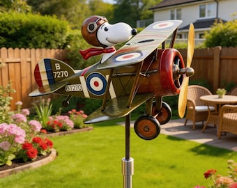 Snoopy Flying Ace Biplane Metal Wind Spinner, Handmade Vintage Military Airplane Decoration, Animated Outdoor Yard Art and Ornament