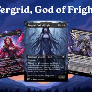 May include: Three Magic: The Gathering cards featuring fantasy art. The cards include "Tergrid, God of Fright", "Blood Artist", and "Liliana, Waker of the Dead". The cards have a dark, gothic aesthetic with detailed illustrations and text.