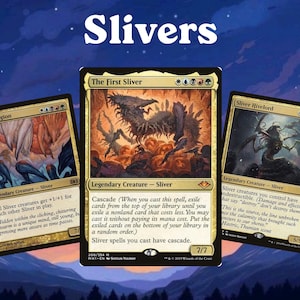 May include: Three Magic: The Gathering trading cards titled Sliver Legion, The First Sliver, and Sliver Hivelord are displayed against a purple and orange sunset background with the word Slivers printed in white text at the top of the image.