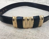 Vintage Navy Teal Genuine Snakeskin Belt with Gold Buckle Detail and Hook Closure
