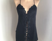 Vintage Pinup Black Silky Nightgown Nightie Slip Top with Lace Detail and Open Button Front and Spaghetti Straps