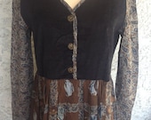 Vintage Long Sleeve Brown Blue Hippie Bohemian Paisley Floral Maxi Dress with Black Corduroy Top and Bottom Detail