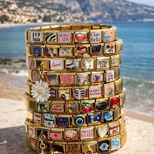 Personalizowana bransoletka z pozłacanymi włoskimi zawieszkami | Bransoletka z zawieszkami ze stali nierdzewnej | Modna biżuteria damska | Pomysł na prezent