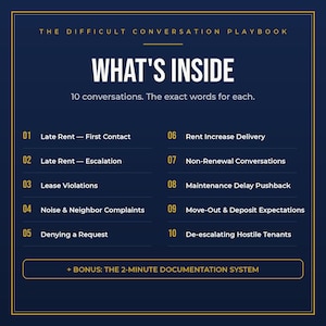 May include: A dark blue informational graphic titled The Difficult Conversation Playbook: What's Inside. It lists 10 conversation topics including Late Rent, Lease Violations, and Rent Increase Delivery, plus a bonus 2-Minute Documentation System.