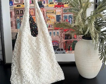 Canvas Straw Tote Bag, Cherry Blossom Lace, Women’s Summer Travel Shoulder Bag