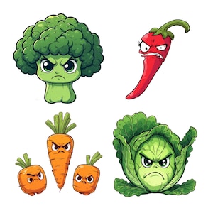 May include: A set of cartoon vegetables with grumpy faces. The image features a green broccoli, a red chilli pepper, three orange carrots, and a green cabbage, each with expressive cartoon features.