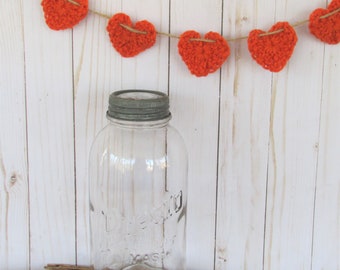 Burnt Orange Crochet Heart Garland, Rustic Farmhouse Decor, Nursery Bunting, Mantel Banner, Primitive Heart Bunting, Photo Prop,