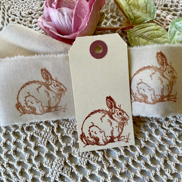 Hand Stamped Tea Dyed Muslin with a Sepia Rabbit and Stamped Tag, Muslin Ribbon, Junk Journal Accessory