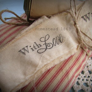 With Love Hand Stamped Muslin Trim Ribbon, 2 yards Stamped Muslin Trim, Vintage Inspired, Hand Dyed, Hand Frayed, Hand Stamped image 2