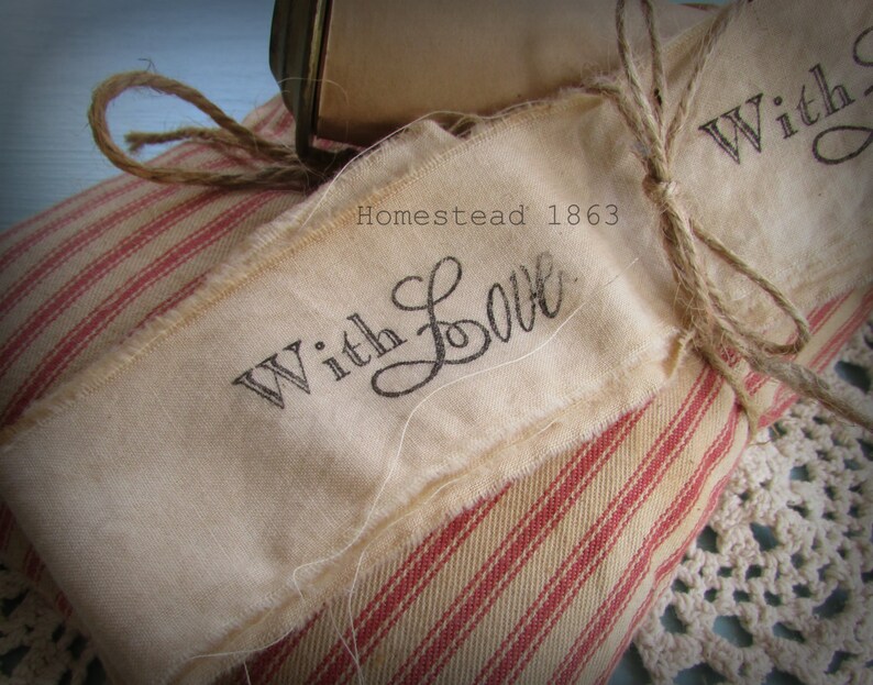 With Love Hand Stamped Muslin Trim Ribbon, 2 yards Stamped Muslin Trim, Vintage Inspired, Hand Dyed, Hand Frayed, Hand Stamped image 2