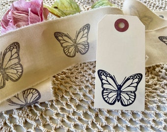 Tea Dyed Hand Stamped Butterfly Muslin Trim with matching Tag, 1 yard Muslin Trim Stamped in Black, Junk Journal Trim with Tag