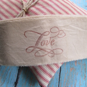 LOVE Hand Stamped Tea Dyed Muslin Trim, 2 yards vintage inspired trim, Hand Stamped, Embellishment image 2