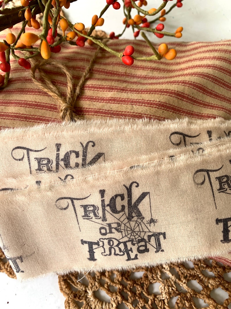 Trick or Treat Stamped Muslin Trim, Hand Stamped, Holiday Trim, Tree Trim, Gift Wrapping, Farmhouse Trim, Rustic Ribbon, Embellishment image 3