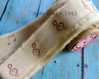Musical Notes, Hand Stamped Muslin Trim, Hand Dyed Muslin Ribbon,  Vintage Inspired, Hand Dyed, Hand Frayed, Hand Stamped