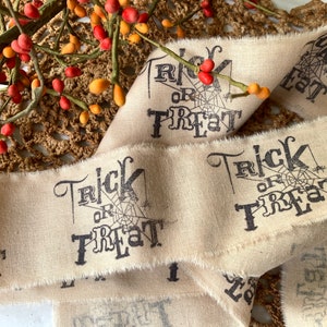 Trick or Treat Stamped Muslin Trim, Hand Stamped, Holiday Trim, Tree Trim, Gift Wrapping, Farmhouse Trim, Rustic Ribbon, Embellishment image 1