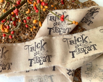 Trick or Treat Stamped Muslin Trim, Hand Stamped, Holiday Trim, Tree Trim, Gift Wrapping, Farmhouse Trim, Rustic Ribbon, Embellishment