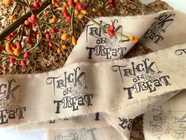 Trick or Treat Stamped Muslin Trim, Hand Stamped, Holiday Trim, Tree Trim, Gift Wrapping, Farmhouse Trim, Rustic Ribbon, Embellishment image 1
