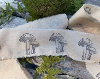 Hand stamped Mushroom Muslin Trim,  Hand Stamped Muslin Trim Ribbon, 2 yards Stamped Muslin Trim, Vintage Inspired, Hand Dyed, Hand Frayed