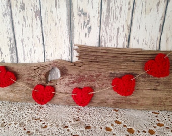 Crochet Red Heart Garland, Crochet Heart Garland, Valentines  Day Decor Decoration, Primitive Heart Bunting, Photo Prop, Valentine Decor