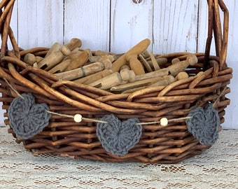 Gray Crochet Heart Basket Garland, Farmhouse Basket Decor, Minimalist Decor, Photo Prop, Primitive Basket Garland, Heart Basket Bunting