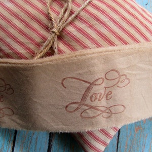 LOVE Hand Stamped Tea Dyed Muslin Trim, 2 yards vintage inspired trim, Hand Stamped, Embellishment image 1