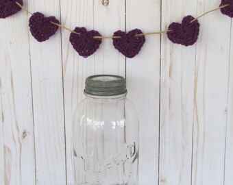Dark Purple Crochet Mini Heart Garland, Minimalist Home Decoration, Photo Prop, Wedding Bunting, Nursery Garland