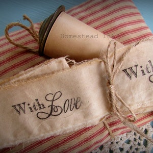 With Love Hand Stamped Muslin Trim Ribbon, 2 yards Stamped Muslin Trim, Vintage Inspired, Hand Dyed, Hand Frayed, Hand Stamped image 3