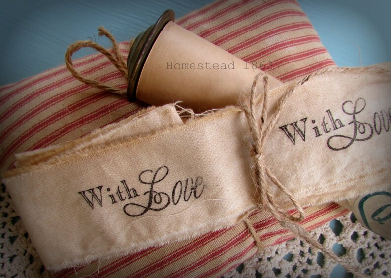 With Love Hand Stamped Muslin Trim Ribbon, 2 yards Stamped Muslin Trim, Vintage Inspired, Hand Dyed, Hand Frayed, Hand Stamped image 3