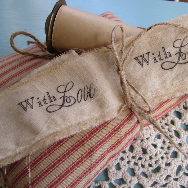 2 yards Stamped Muslin Trim Vintage Inspired With Love Hand Stamped Muslin Trim Ribbon Hand Frayed Hand Stamped Hand Dyed