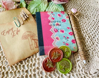 Mini Garden Kit, Mini Composition notebook with jute wrapped pen, Ephemera Collection, Handmade stickers, One of a kind notebook