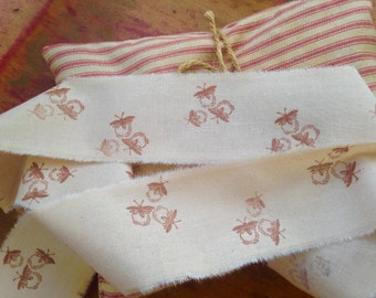 Firefly hand stamped muslin trim, Primitive Firefly Trim, Firefly Muslin Ribbon, Rustic Muslin Trim, NatureTrim