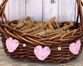 Pink Crochet Heart Beaded Garland, Farmhouse Basket Decoration, Minimalist Decor, Photo Prop, Nursery Room Decoration, Basket Bling