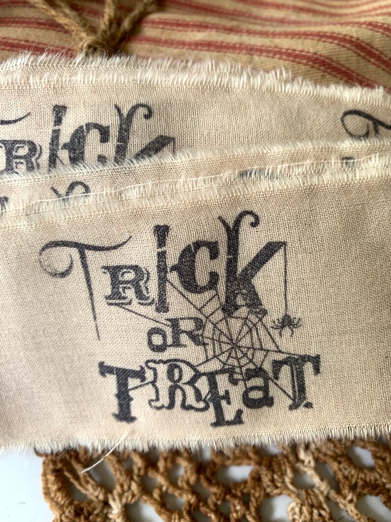 Trick or Treat Stamped Muslin Trim, Hand Stamped, Holiday Trim, Tree Trim, Gift Wrapping, Farmhouse Trim, Rustic Ribbon, Embellishment image 2