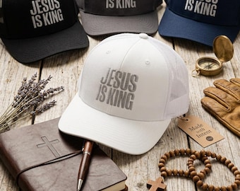 Jesus Is King Embroidered Trucker Hat, Christian Apparel for Men & Women