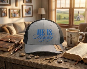 He Is Mighty Christian Trucker Hat, Embroidered Hat for Men & Women, Jesus Religious Faith Apparel