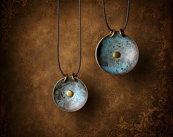 Solid Brass Disc Pendant Necklace – Verdigris Patina, Earthy Boho Jewelry – Monkey Zhou.