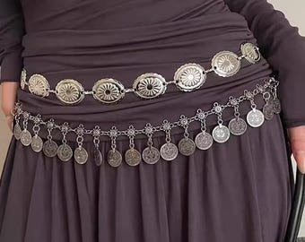 Vintage Boho Metal Chain Belt – Silver Concho Waist Chain, Butterfly Body Jewelry