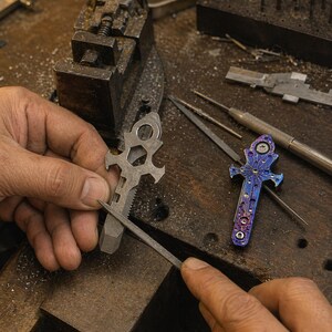 May include: A craftsman is filing a silver multi-tool. The tool has a distinctive shape, including a saw edge and a hexagonal opening. Another multi-tool with a blue and purple finish is also visible, alongside other tools on a wooden work surface.