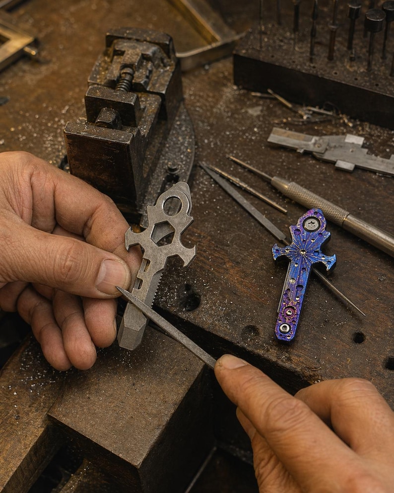 May include: A craftsman is filing a silver multi-tool. The tool has a distinctive shape, including a saw edge and a hexagonal opening. Another multi-tool with a blue and purple finish is also visible, alongside other tools on a wooden work surface.