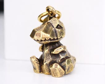 Solid Brass T-Rex Keychain – Geometric Dinosaur Pendant, Retro Artisan Key Ring.