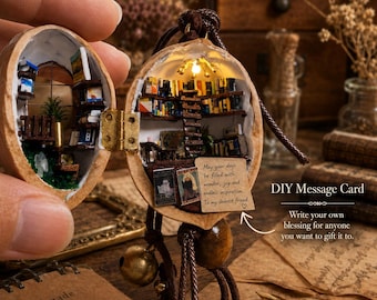 Handcrafted Walnut Shell Miniature Library – LED Light Diorama, Car Hanging Ornament.