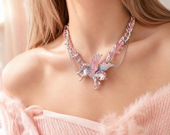 Pink Enamel Pegasus Choker – Pastel Flying Horse Pendant, Faux Leather Chain Necklace.