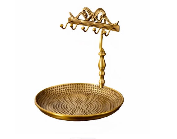 Vintage Brass Jewelry Stand - Antique Gold Catchall Tray - Entryway Key Holder - Bedroom Vanity Organizer