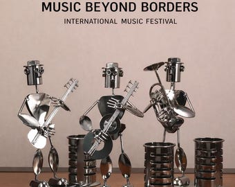 Metal Musician Pen Holder – Iron Band Member Desk Organizer, Industrial Decor.