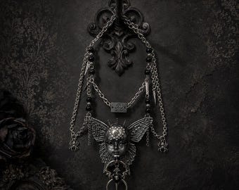 Gothic Butterfly Doll Face Necklace – Stainless Steel Grunge Whimsigoth Chain Choker.