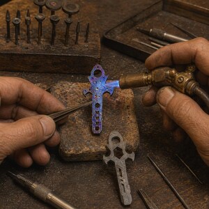 May include: A jeweller using a torch to heat-treat a metal pendant, creating a blue and purple finish. The pendant is held with tweezers, with another unfinished pendant nearby. Various tools are arranged on a wooden workbench, including drill bits and files.