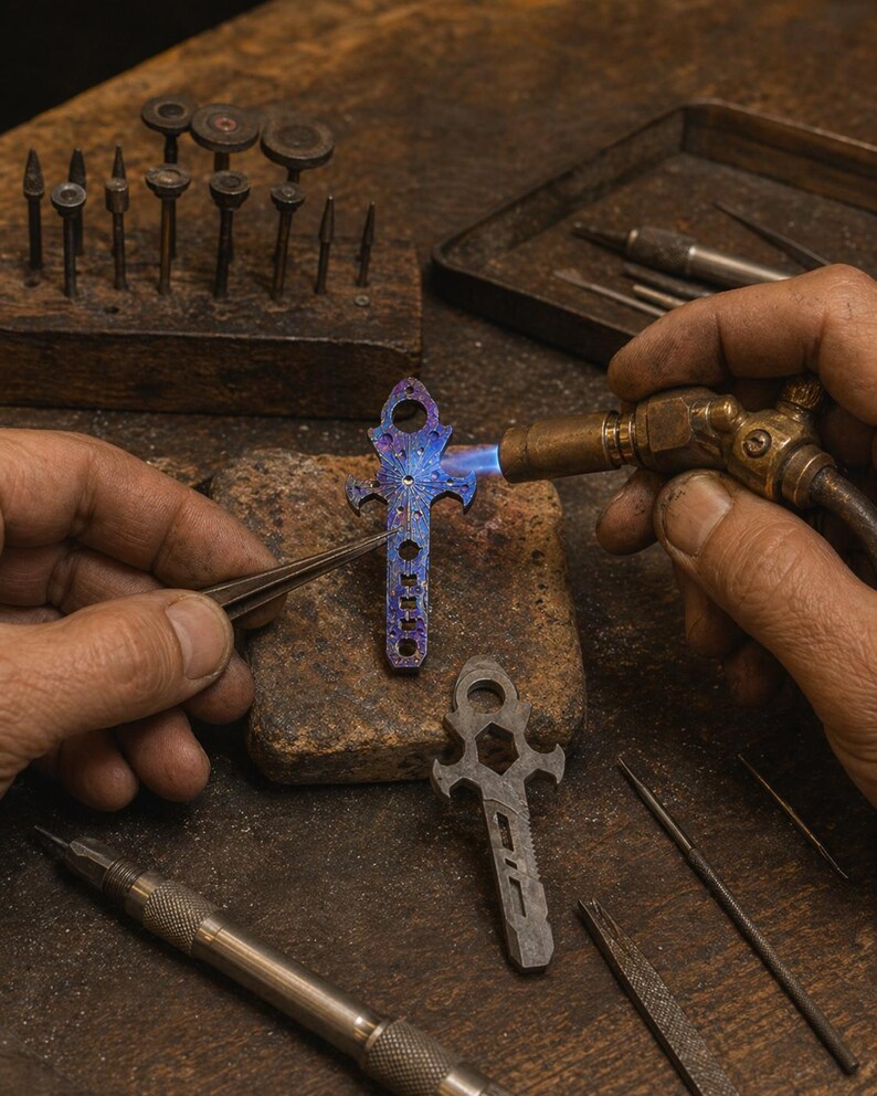 May include: A jeweller using a torch to heat-treat a metal pendant, creating a blue and purple finish. The pendant is held with tweezers, with another unfinished pendant nearby. Various tools are arranged on a wooden workbench, including drill bits and files.