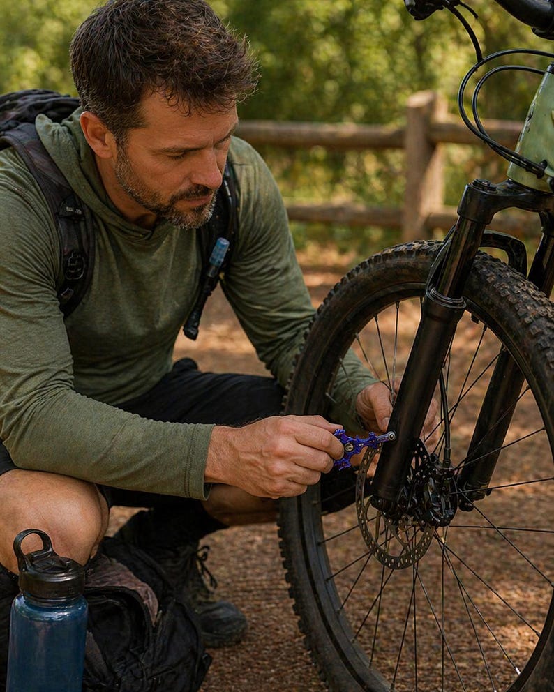 May include: A person working on a mountain bike outdoors. The person wears an olive green long-sleeved top and black shorts. A blue water bottle and backpack are nearby. The bike has black tyres and a disc brake.