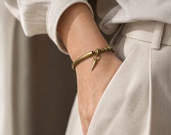 Solid Brass Spike Bracelet – Hand Hammered Tubes, Antique Patina, Unisex Wristband.